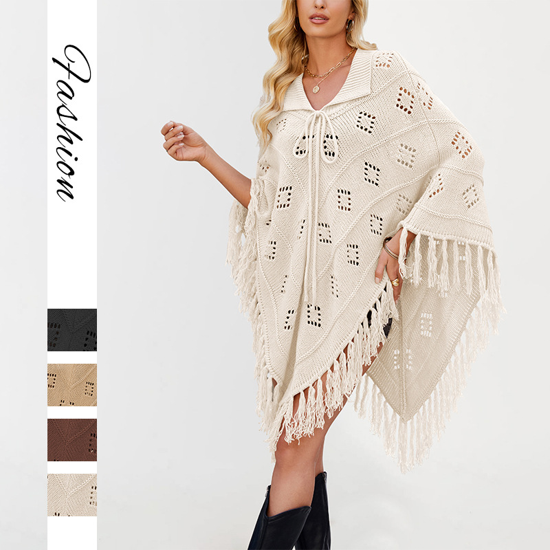 Fringed Knit Cape Sweater with Lapel Collar