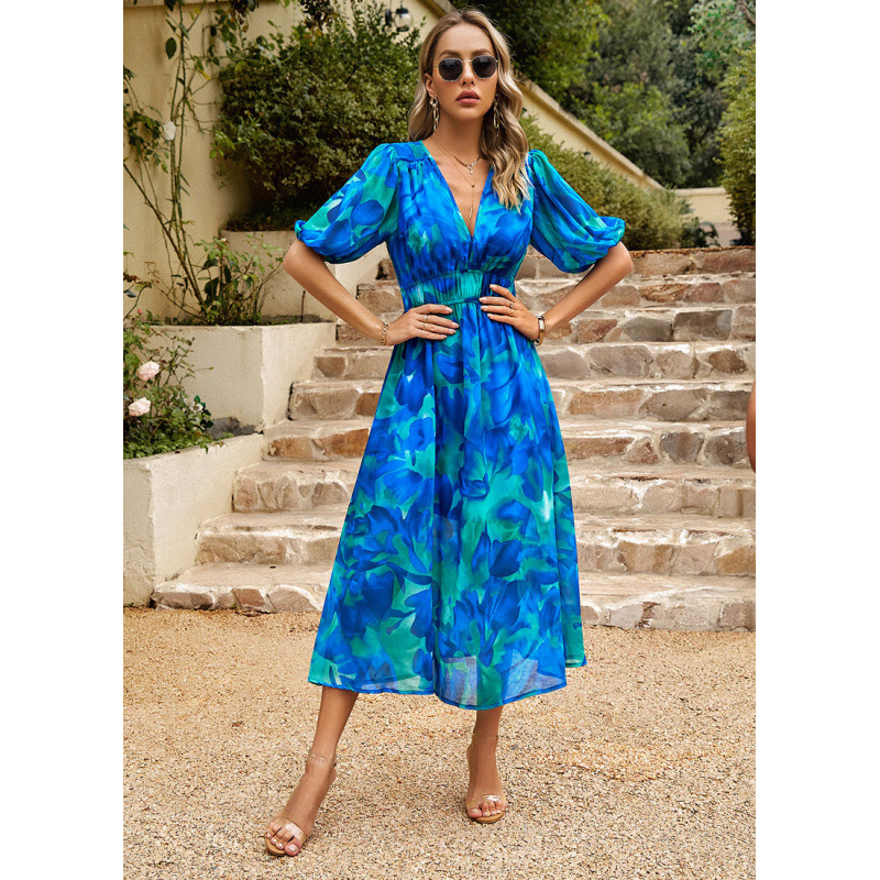 V-Neck Chiffon Floral Print High-Waist Maxi Dress