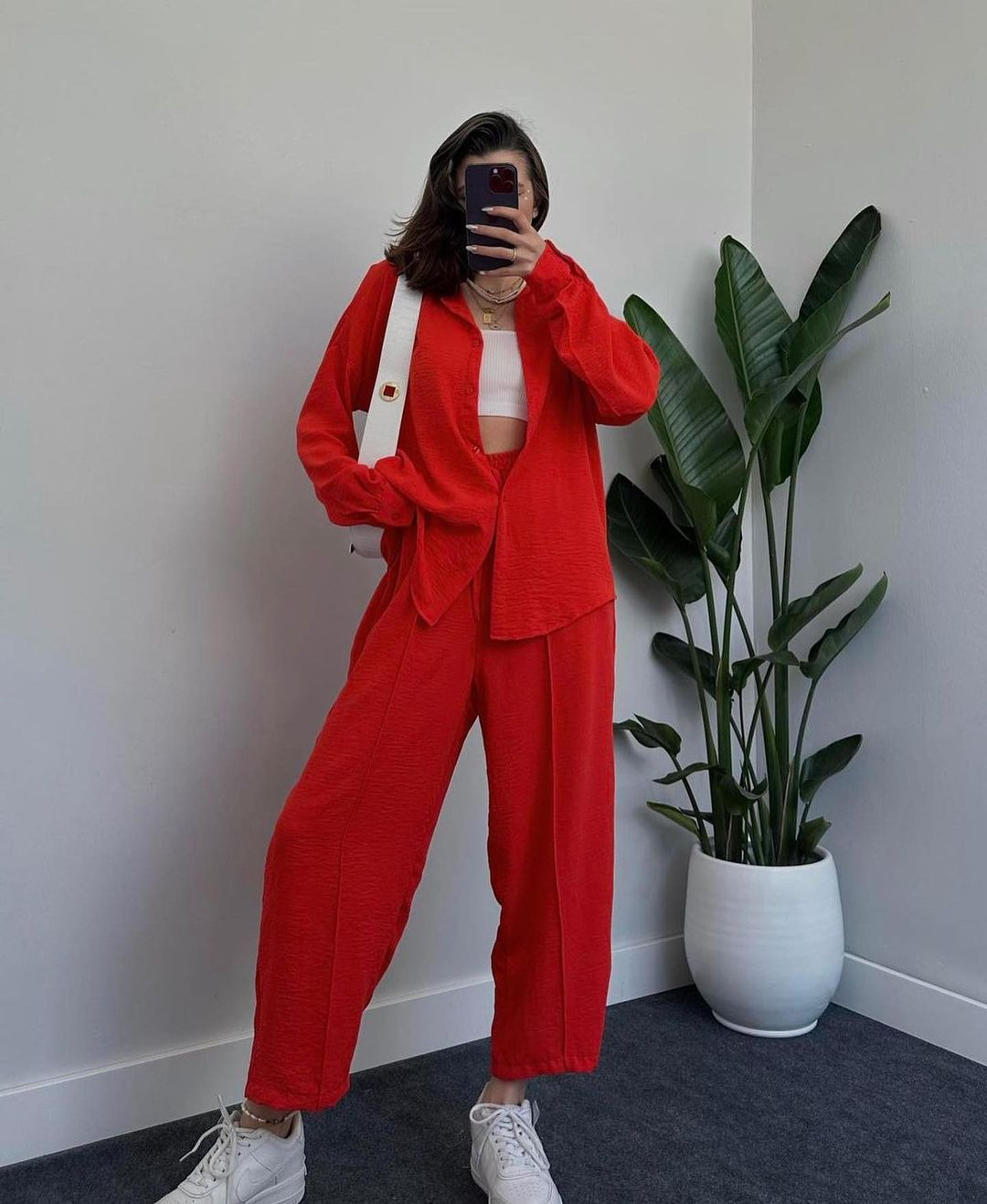 Women's Casual Two-Piece Set with Loose Collared Shirt and Tie-Waist Pants
