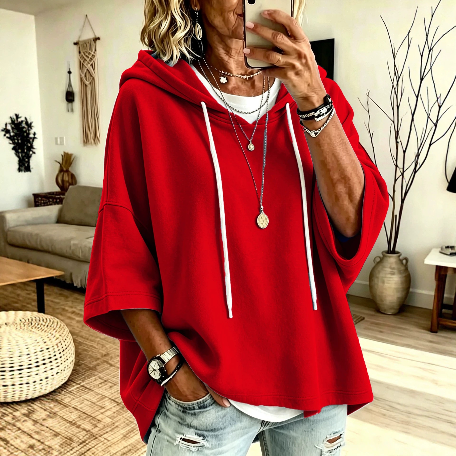 Women's 3/4 Sleeve Solid Color Casual Hooded Sweatshirt