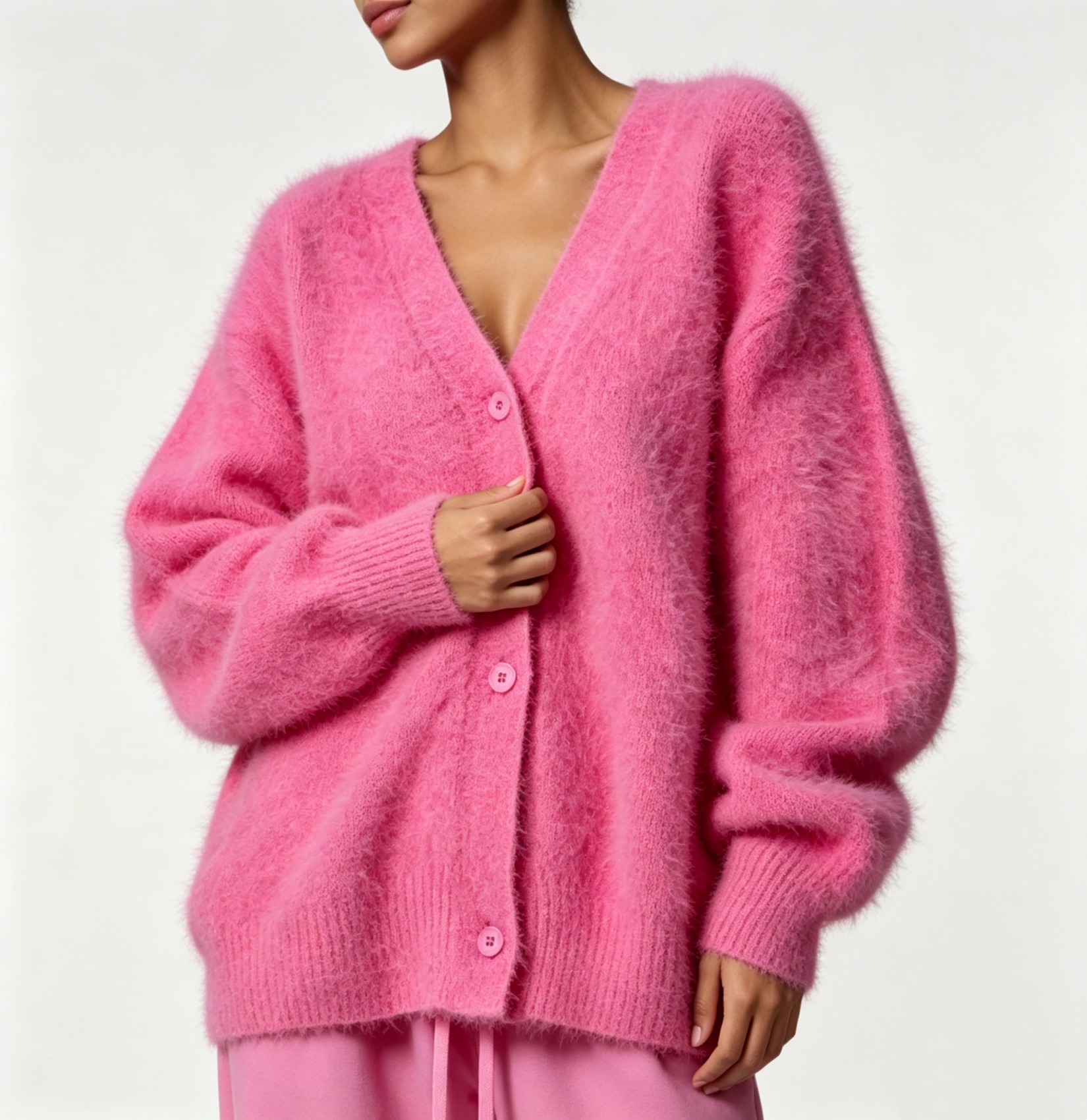 Faux Mink Knit Cardigan Sweater Women's Loose V-Neck Long Sleeve Button Front