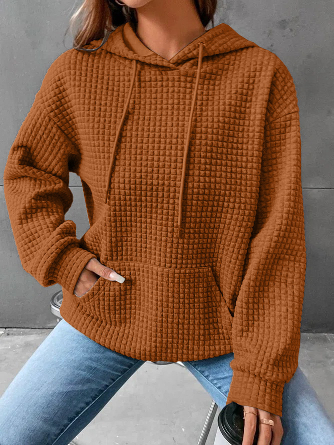 Women's Waffle Knit Hooded Pullover Sweatshirt Solid Color Long Sleeve