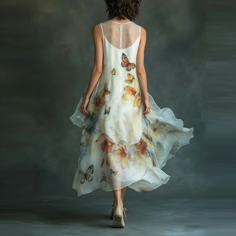 Butterfly Print Sleeveless A-Line Maxi Dress