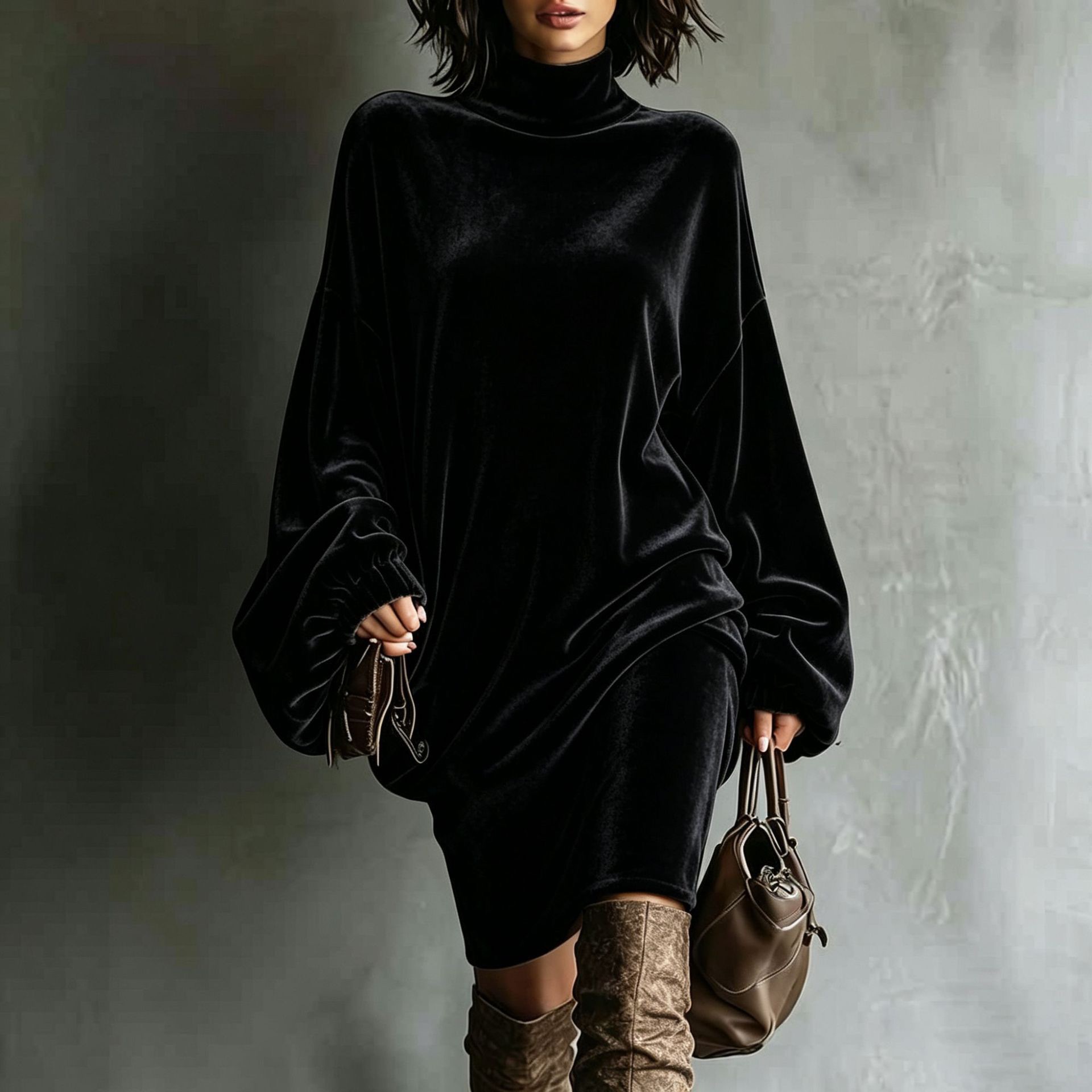 Velvet High Neck Loose Midi Dress Long Sleeve A-Line