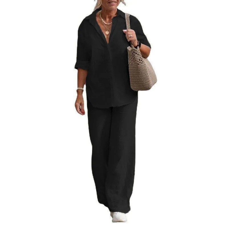 Women's Plus Size Two-Piece Lounge Set with Half-Sleeve Collared Shirt and Pants