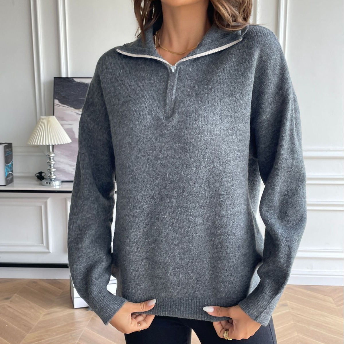 Women's Collared Long Sleeve Knit Sweater Solid Zip Pullover