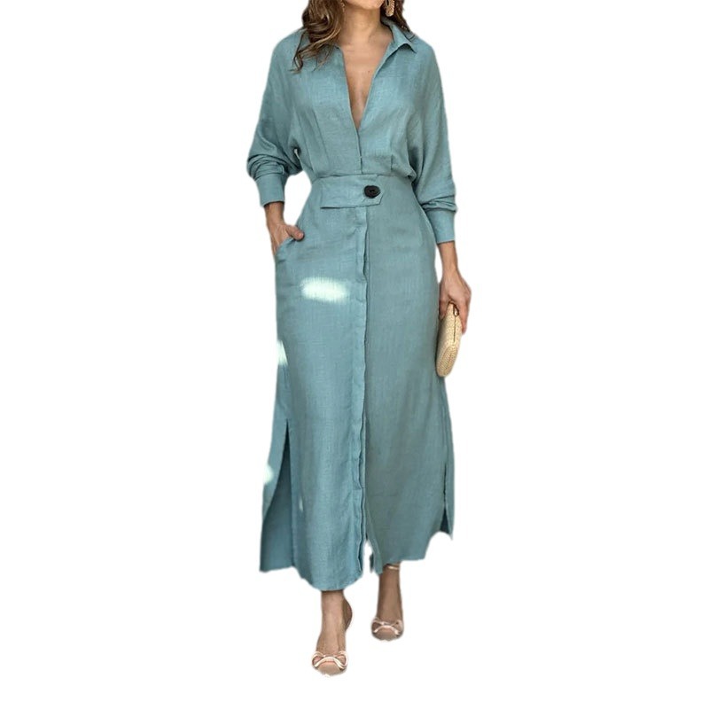 Women's Solid Color Long Sleeve A-Line Dress with Collar and Waist Tie