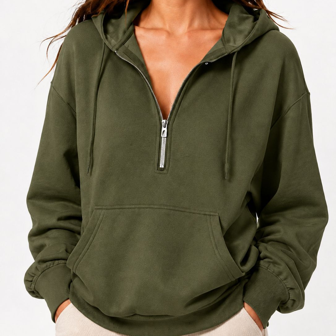 2026 Fall New Cross-Border European and American Loose Hooded Half-Zip Pocket Fall Winter Casual Sweatshirt Women's