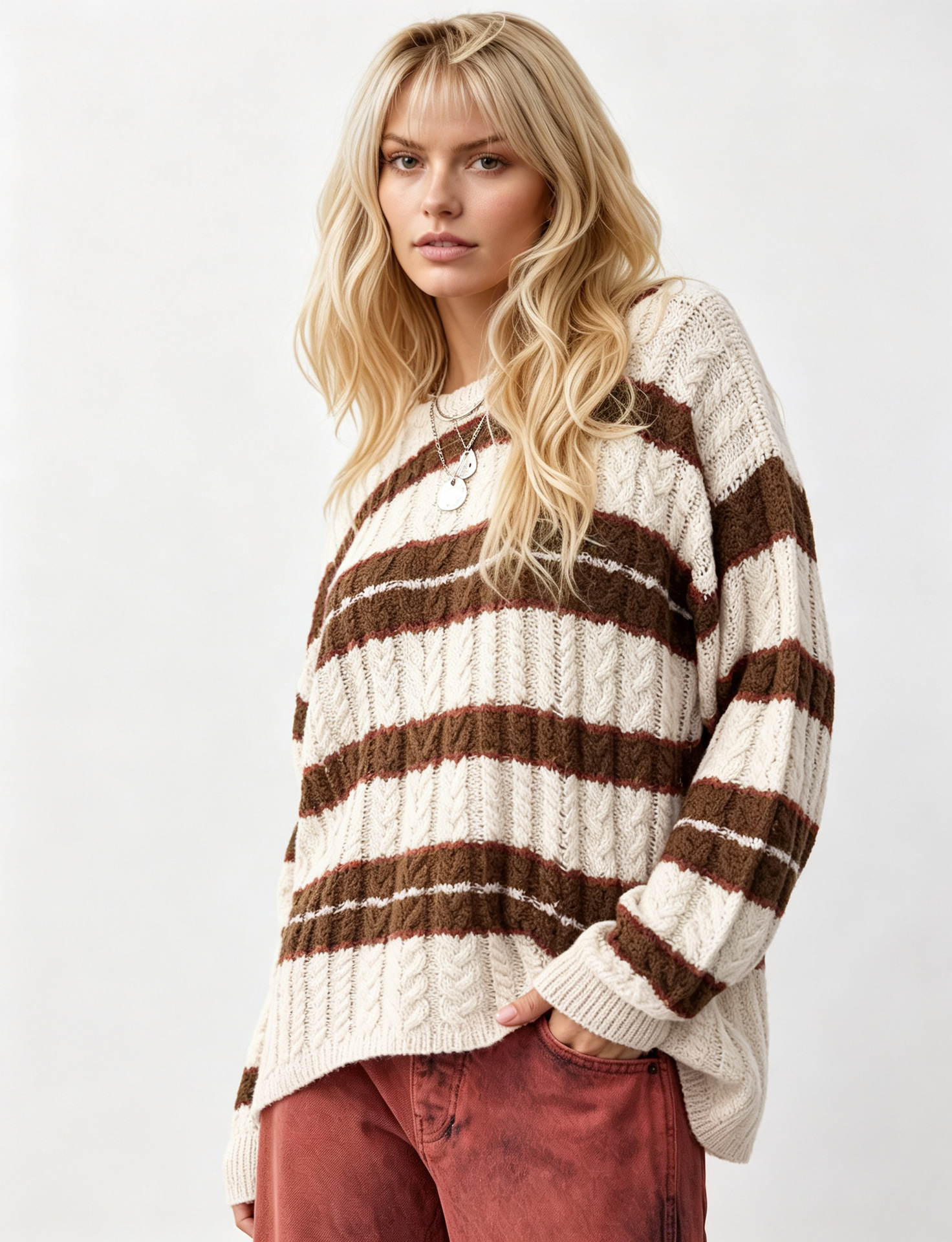 Striped Cable-Knit Pullover Sweater Women's Loose Fit Crew Neck