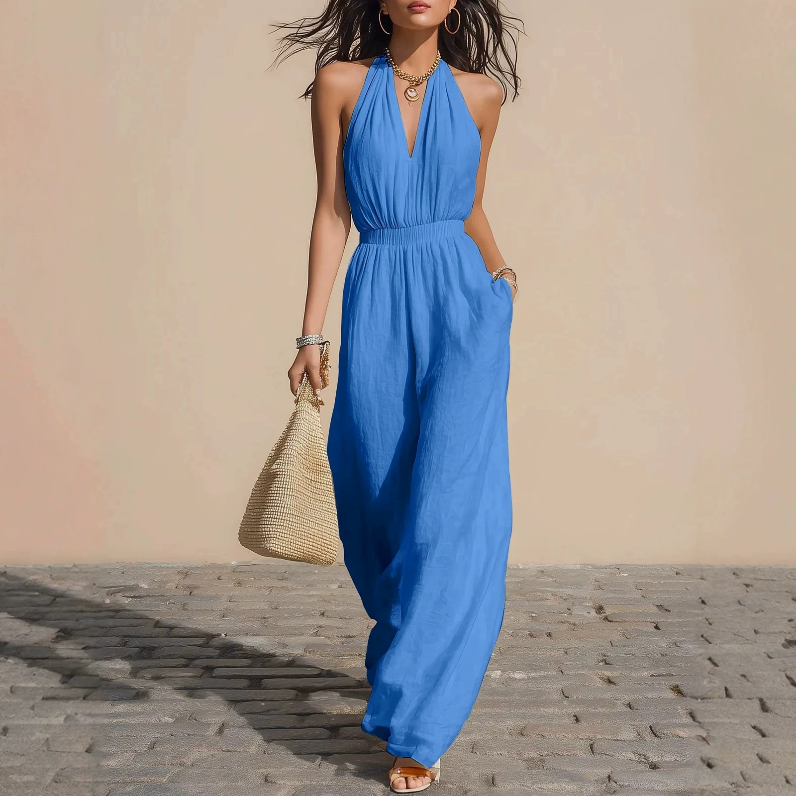 JYF Halter V-Neck Fitted Wide-Leg Jumpsuit