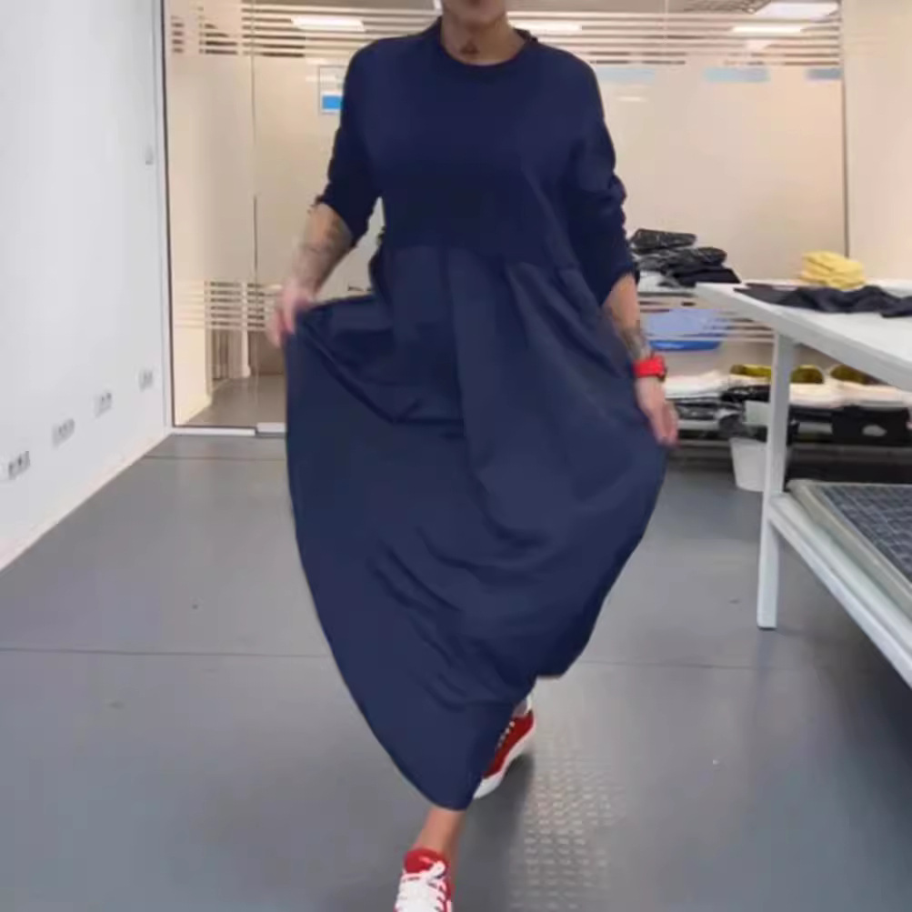 Women's Solid Crewneck Long Sleeve Maxi Dress