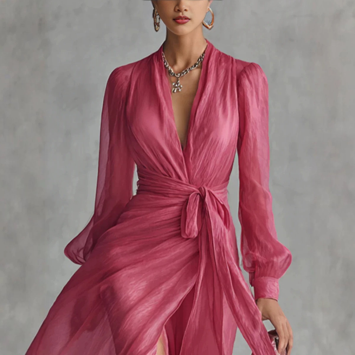 V-Neck Chiffon Long Sleeve High Slit Maxi Dress