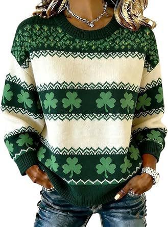 Women's Clover Print Crewneck Sweatshirt Casual Pullover