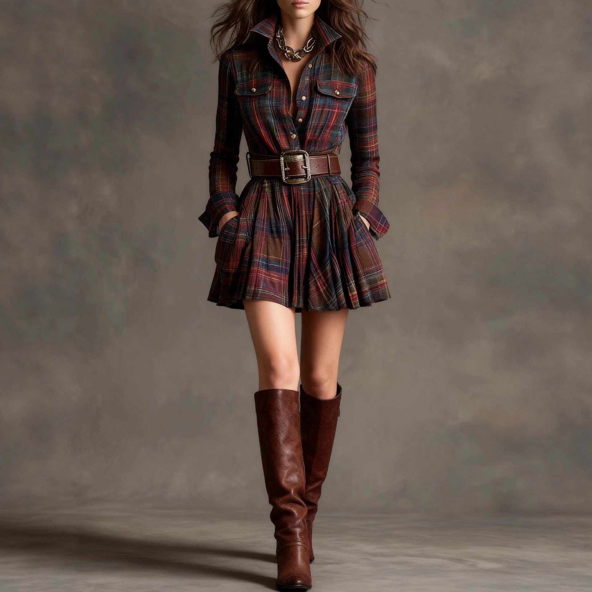 Retro Plaid A-Line Dress with Pockets and Belt