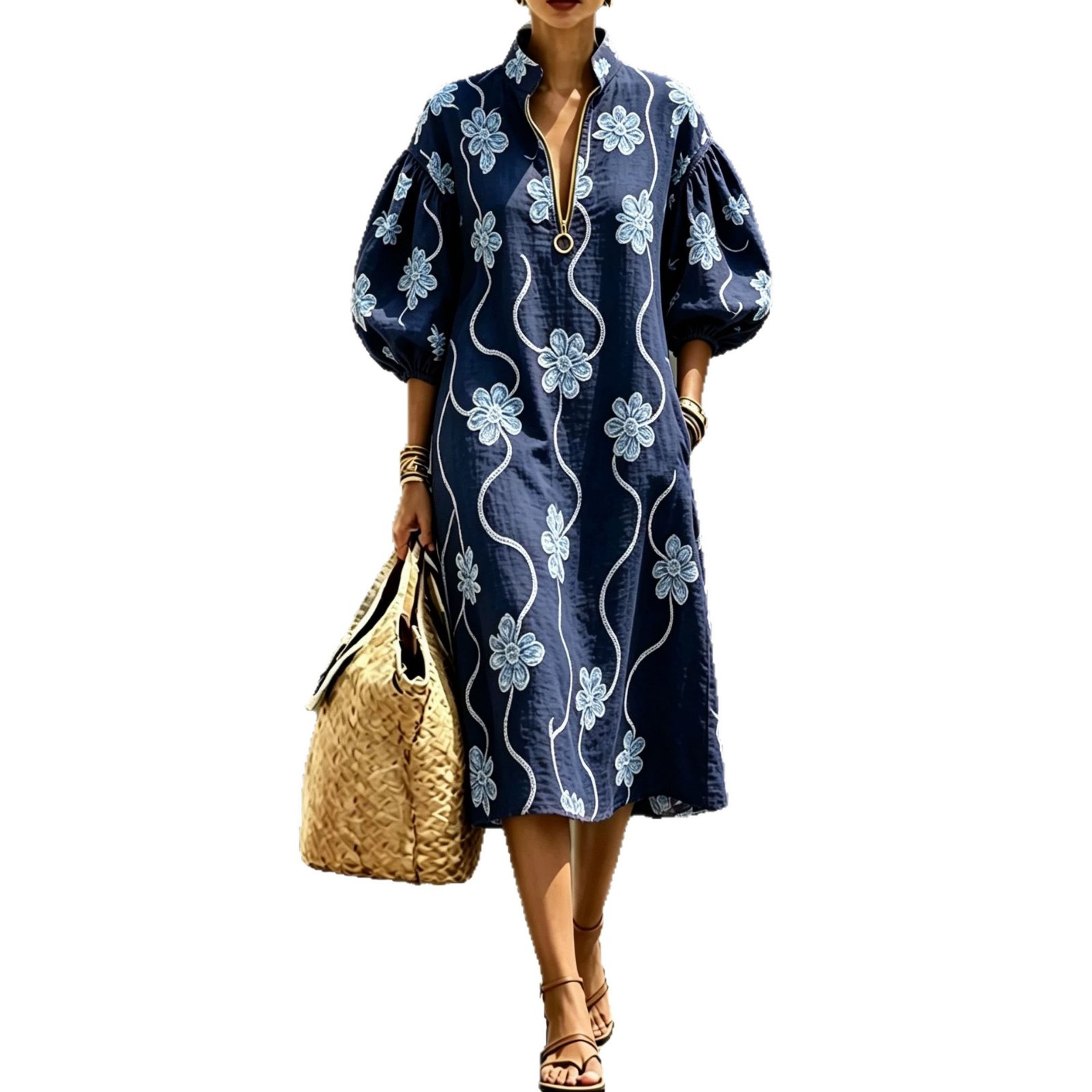 Women's Casual Loose Stand Collar Puff Sleeve Half-Zip Dress