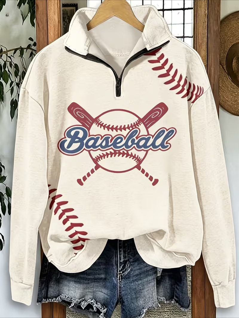 Women's Half-Zip Baseball Letter Print Hoodie