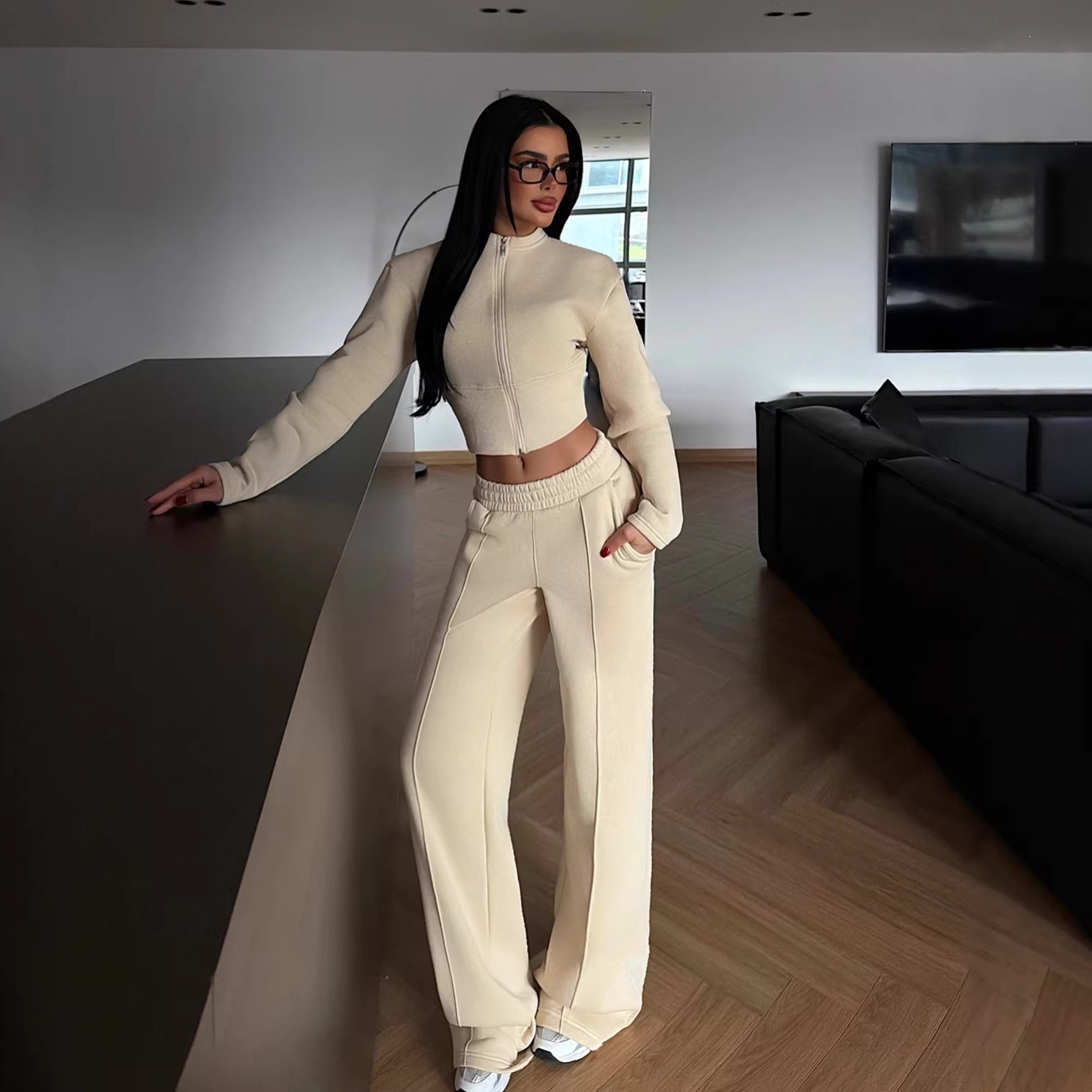 Women's Zip-Up Cardigan and Tie-Waist Pants Two-Piece Set