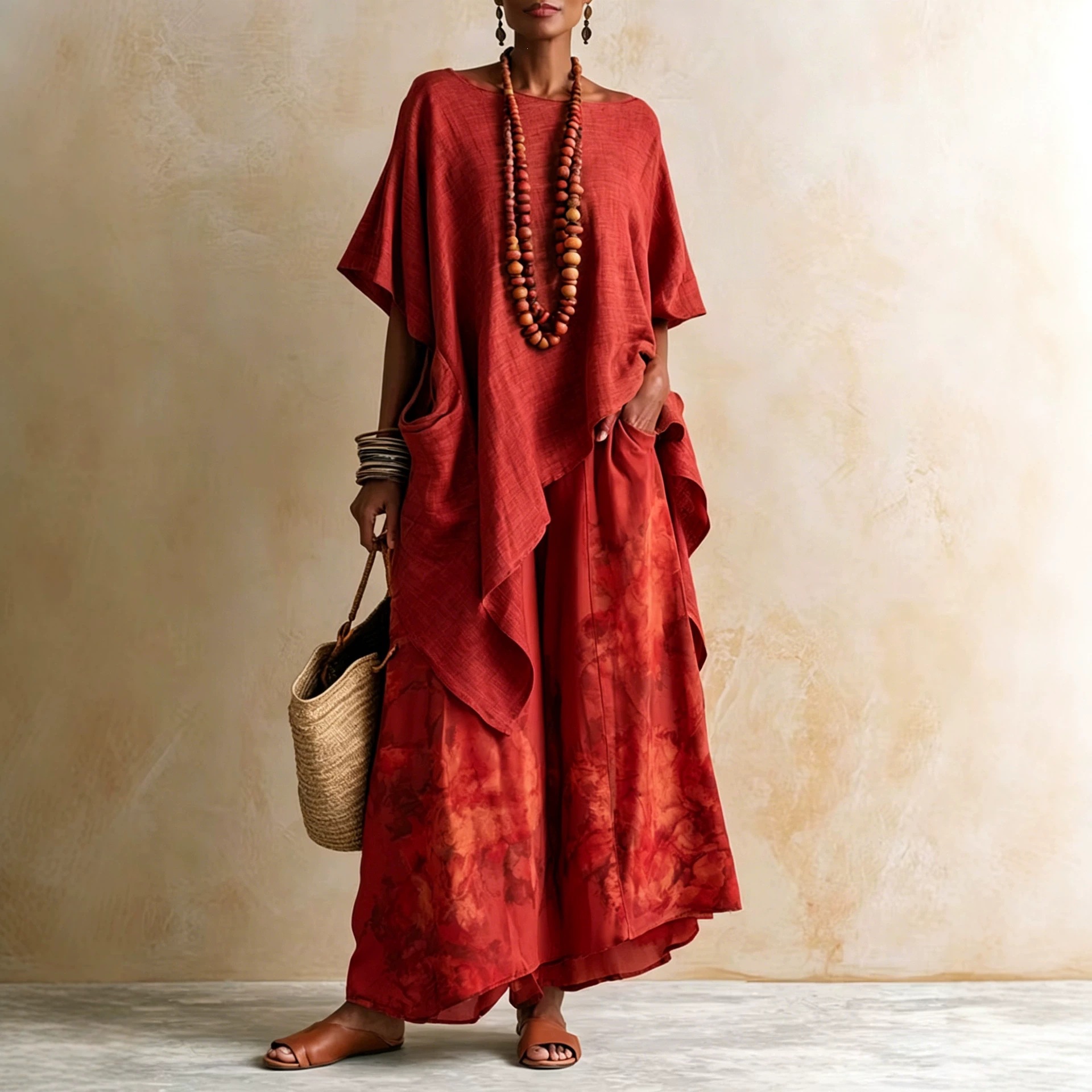 Women's Printed Linen Two-Piece Set with Loose Wide-Leg Pants
