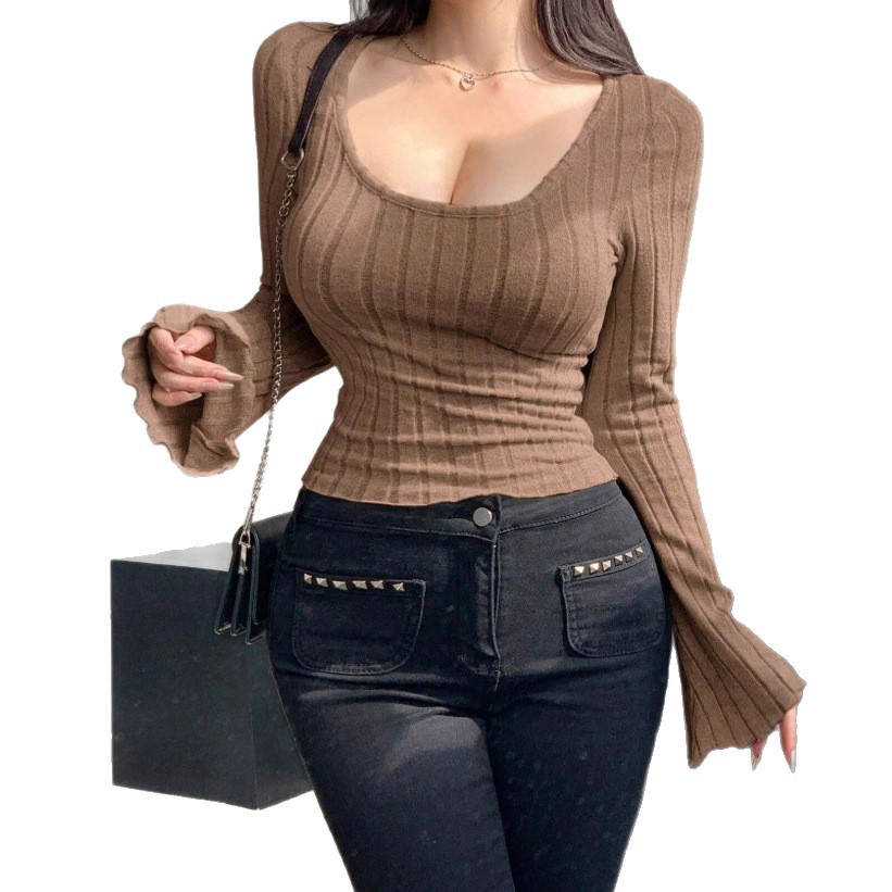 Brushed Ribbed Long Sleeve V-Neck Top