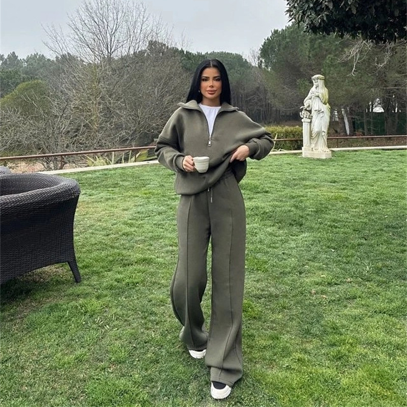 Women's Half-Button Pullover Sweatshirt and Pants Set