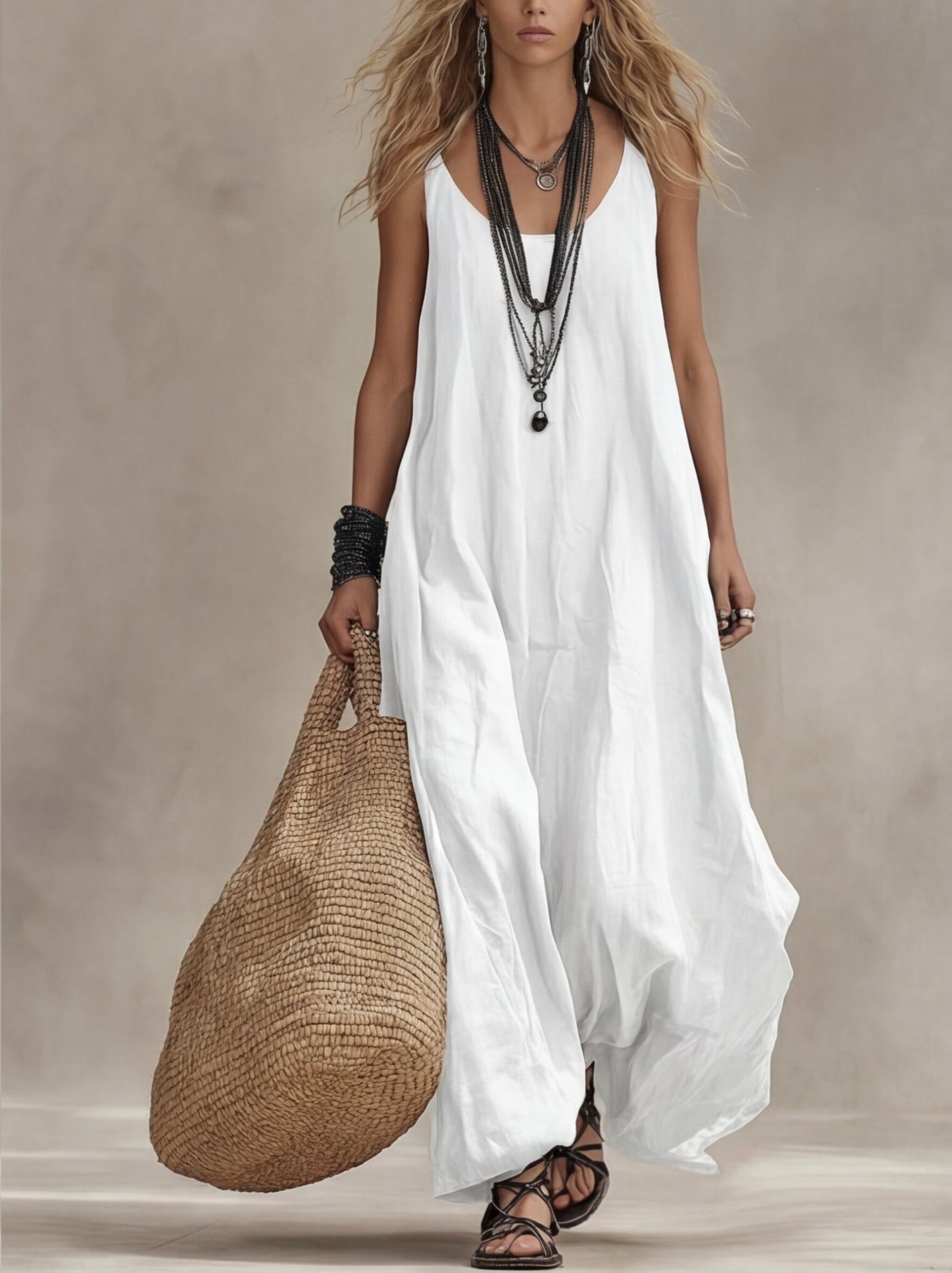 Women's Sleeveless Boho A-Line Maxi Dress Loose Fit