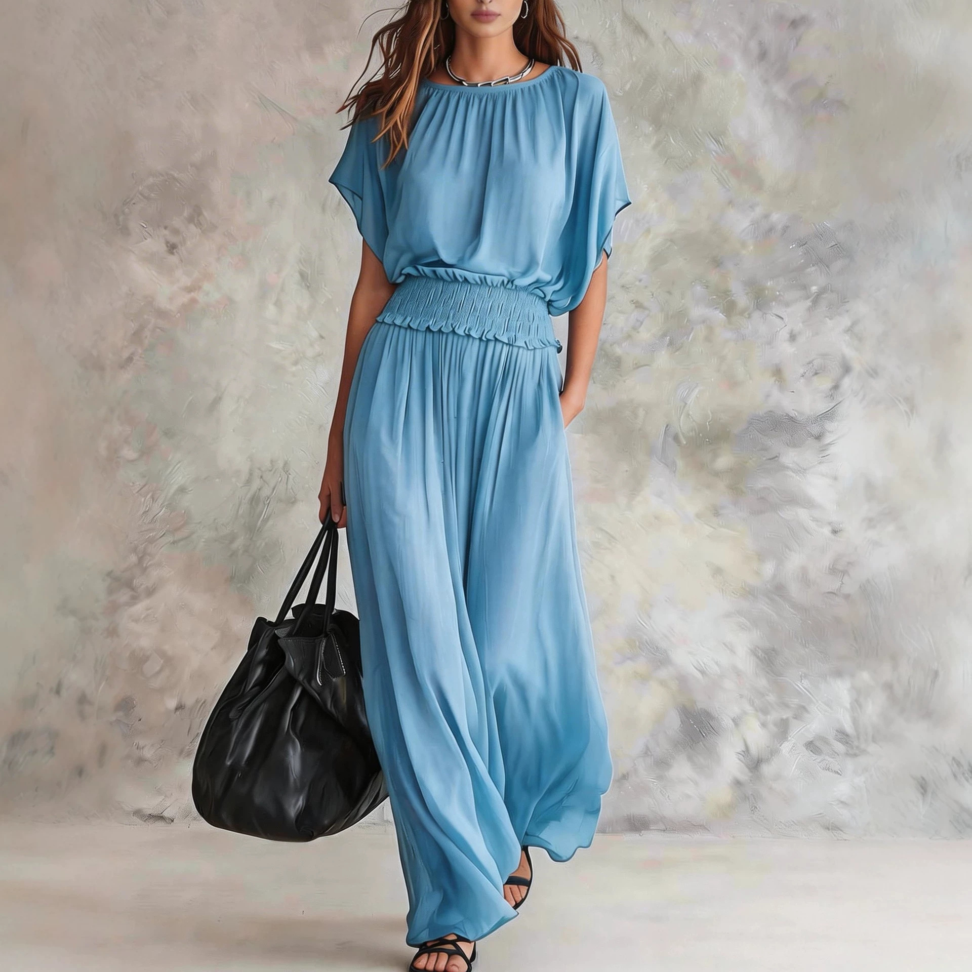 Chiffon Smocked Waist Long Dress