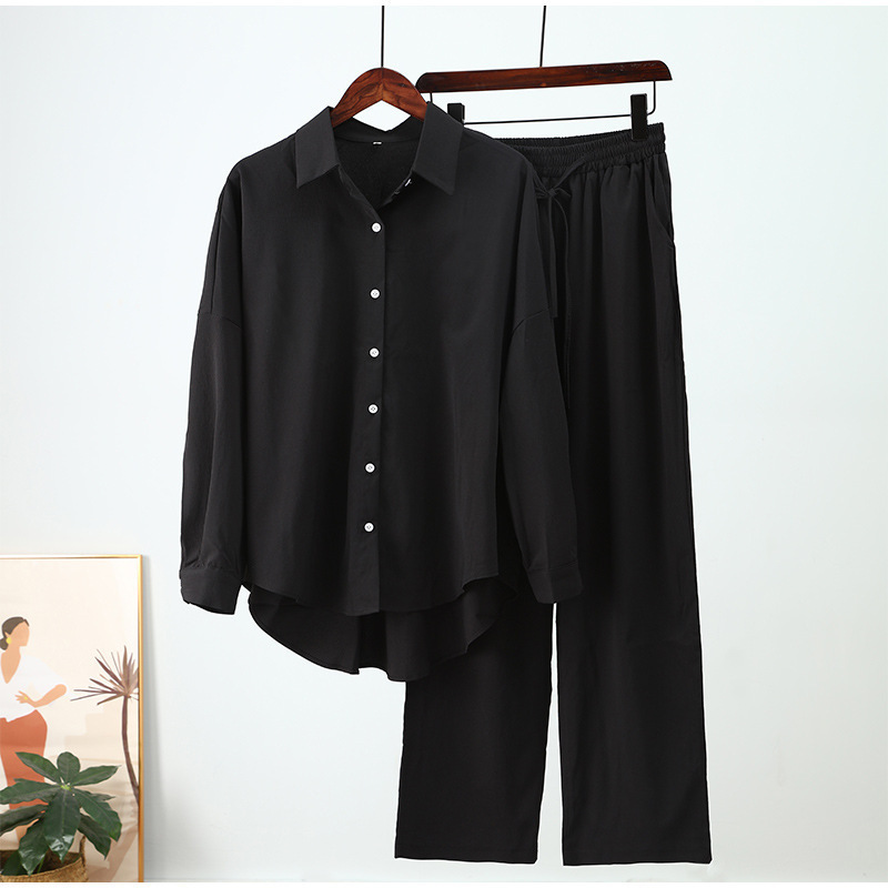 Women's Loose Stretch Crinkle Long Sleeve Shirt & Wide Leg Pants 2-Piece Set