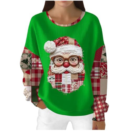 Women's Christmas Santa Plaid Print Sweatshirt with Cartoon Glasses