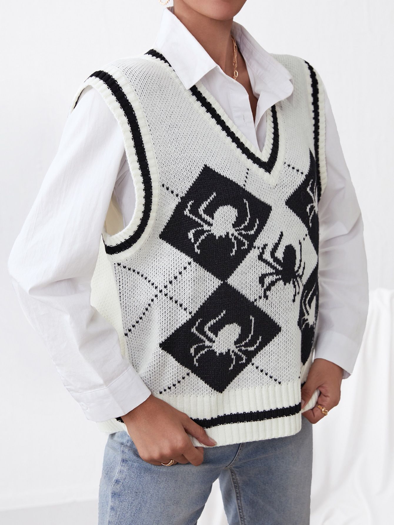 V-Neck Sleeveless Knit Sweater Vest with Spider Pattern