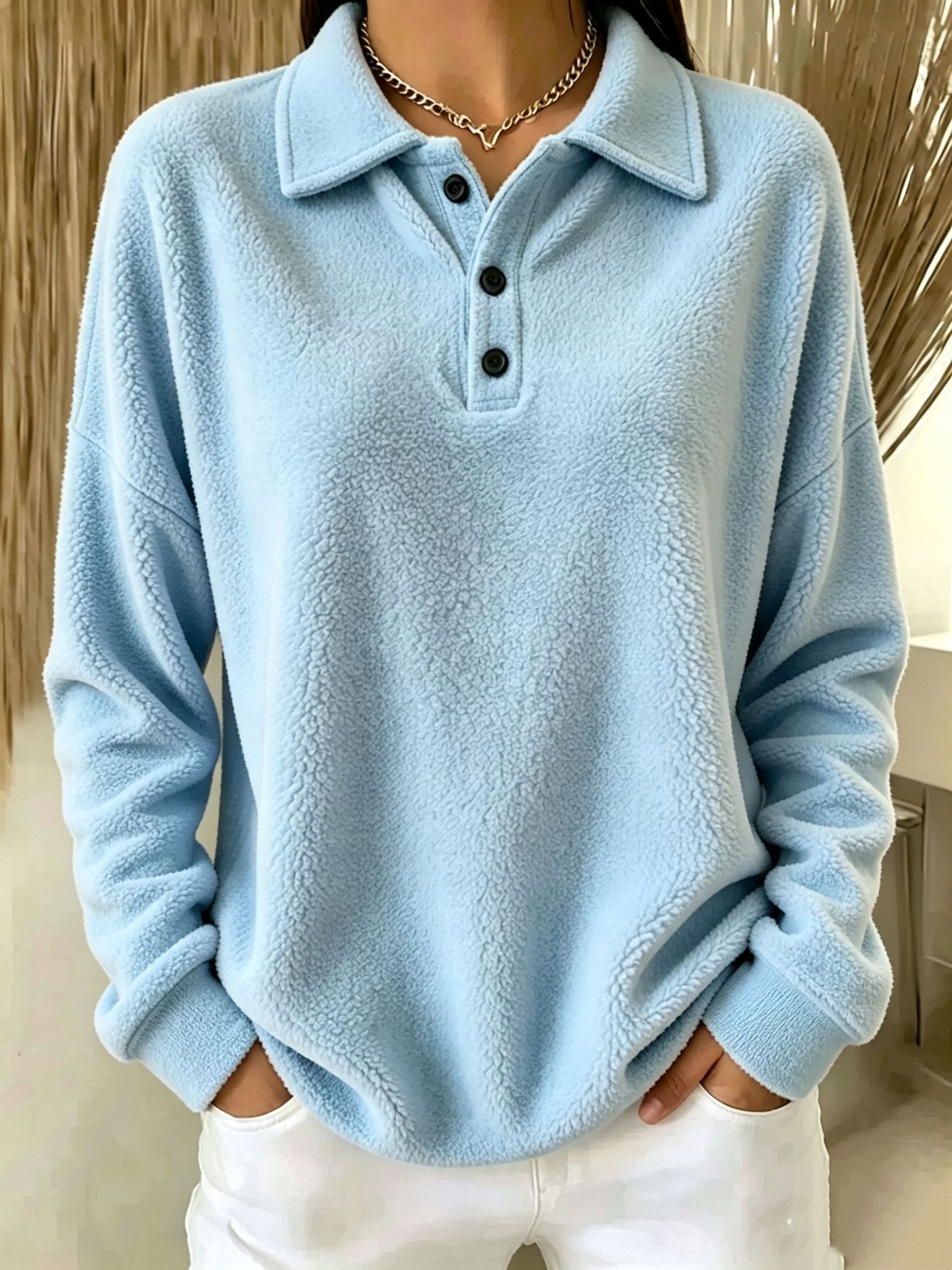 Fleece Buttoned Collar Long Sleeve Pullover Sweatshirt for Women