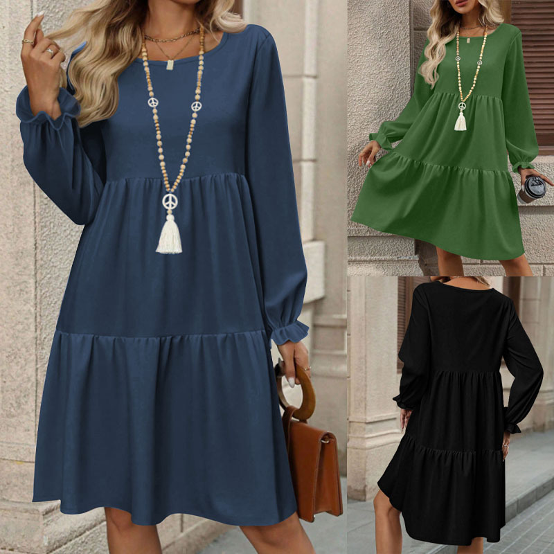 Puff Sleeve Tiered Midi Dress Round Neck Long Sleeve Solid Color