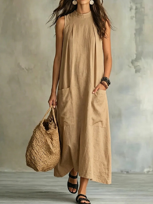 Retro Cotton-Linen Sleeveless Maxi Dress Solid Loose Flowy