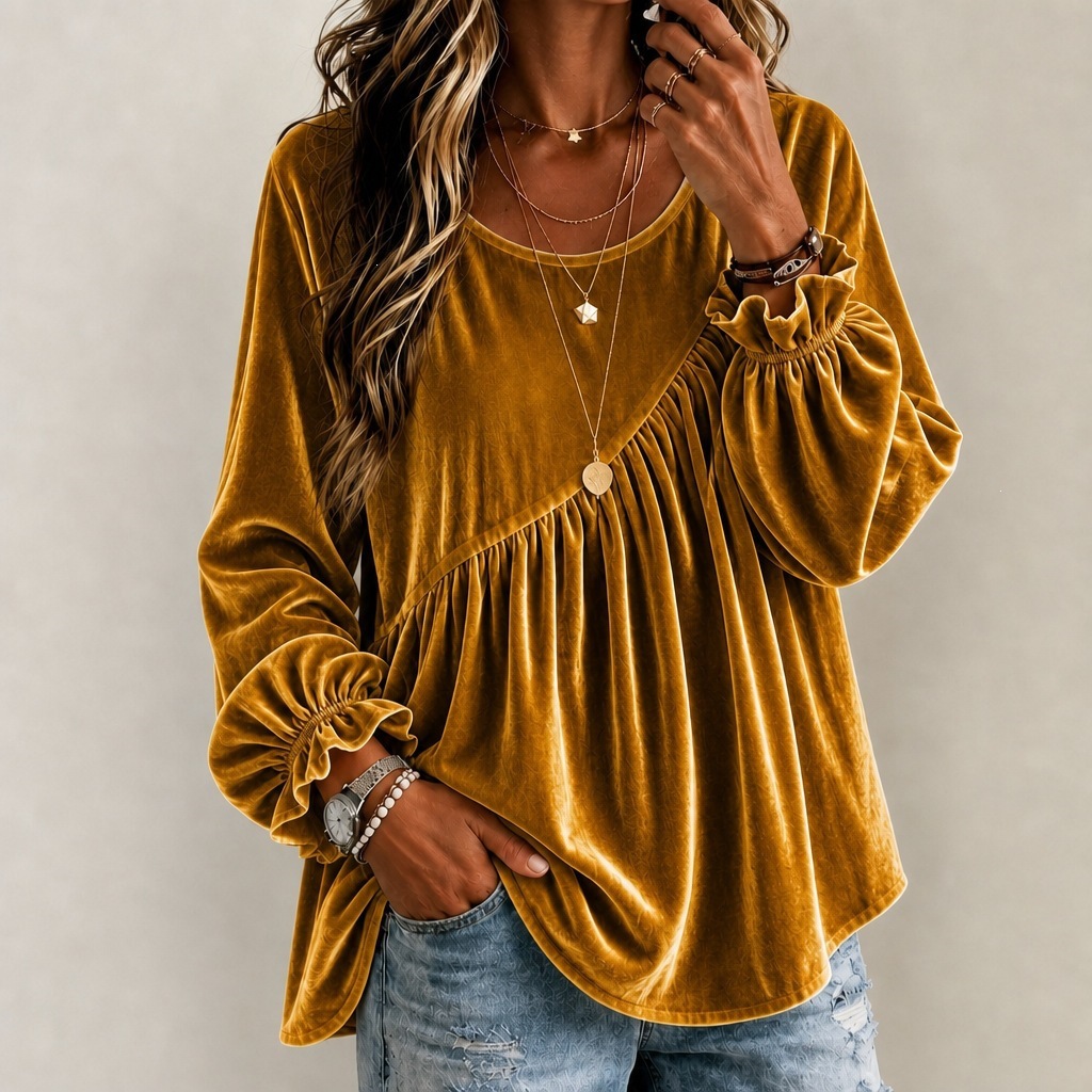 Boho Women's Sheer Blouse with Diagonal Seam Ruching and Loose Long Sleeves