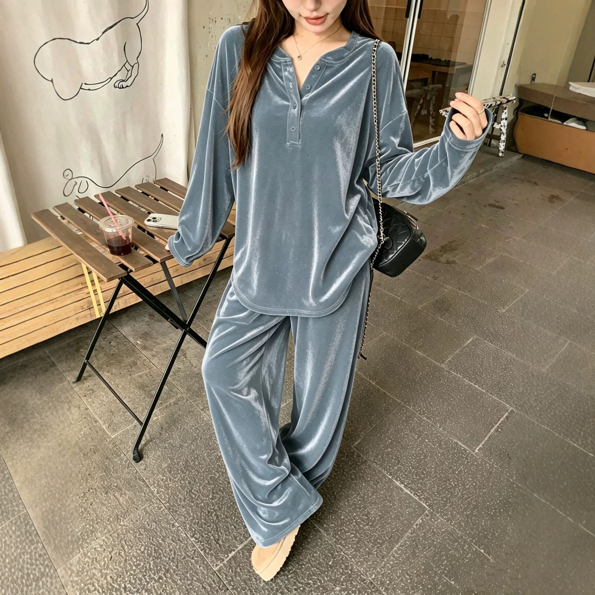 Solid Button Drawstring Loose Long-Sleeve Women's Pants Set
