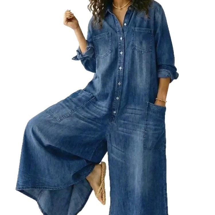 Soft Denim Jumpsuit with Long Sleeves, Collared Neck, Chest Pockets, Side Pockets, Loose Wide Leg