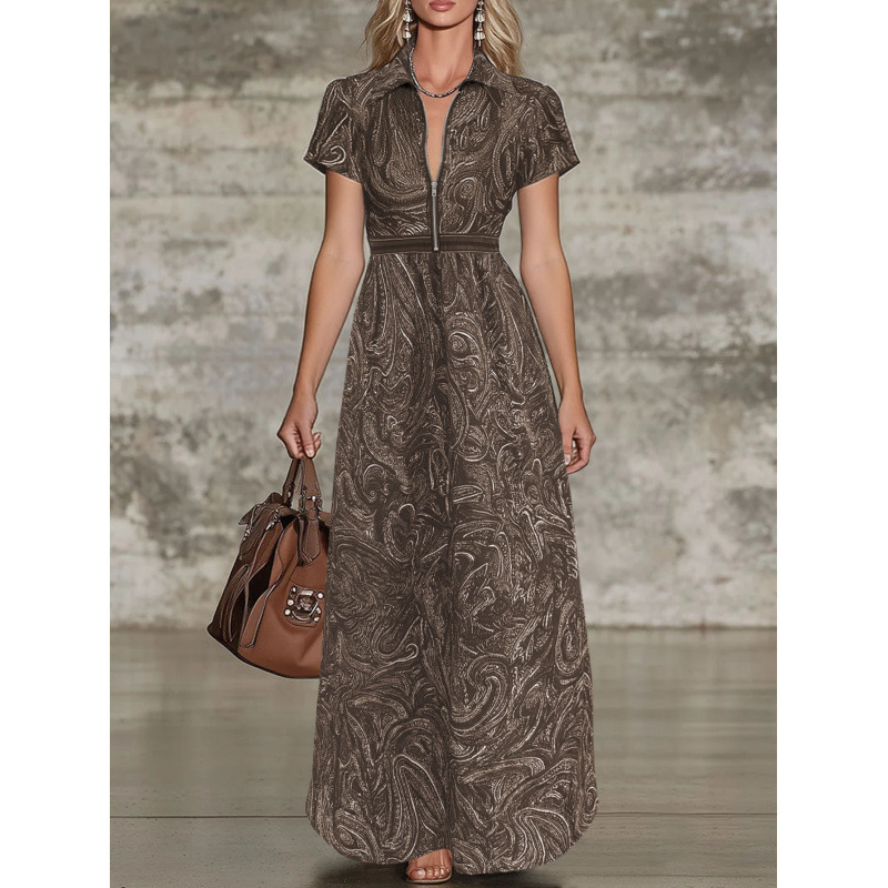 Retro Paisley Print Collared A-Line Midi Dress