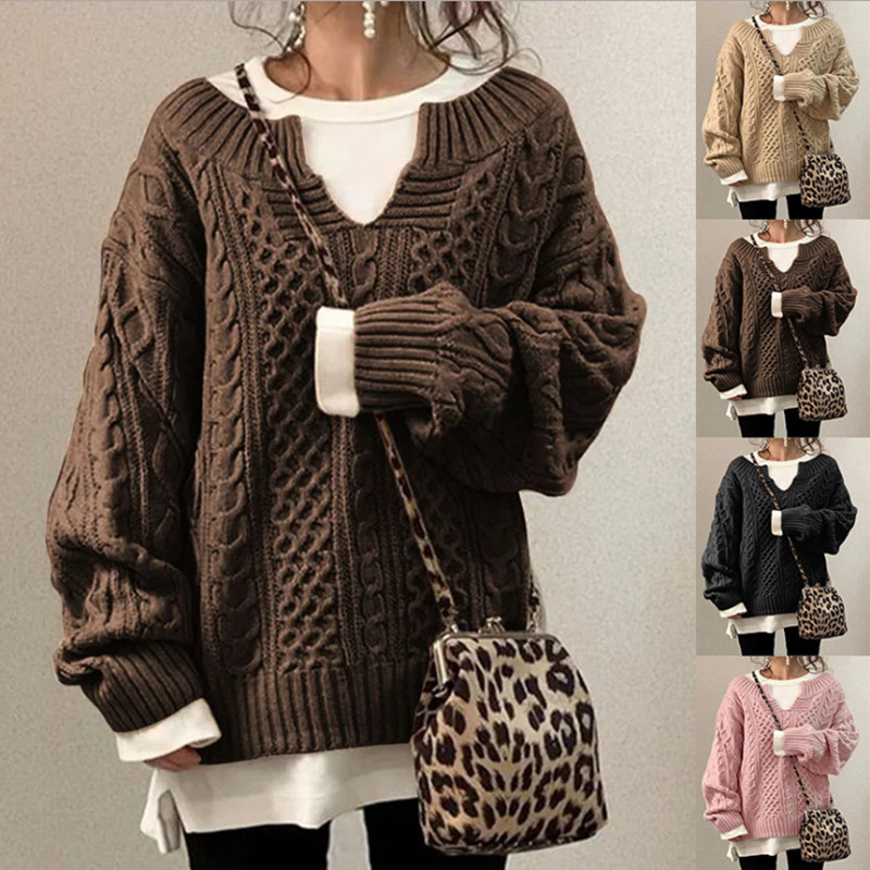 Women's Cable Knit V-Neck Sweater Loose Fit Long Sleeve Pullover