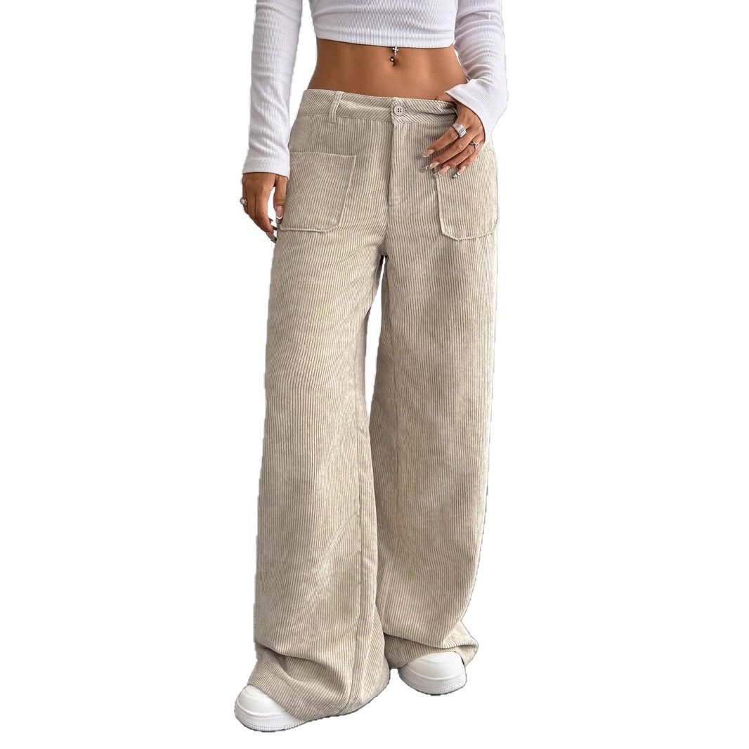 Corduroy Wide-Leg Pants for Women, Loose Fit, Front and Back Pockets, Solid Color