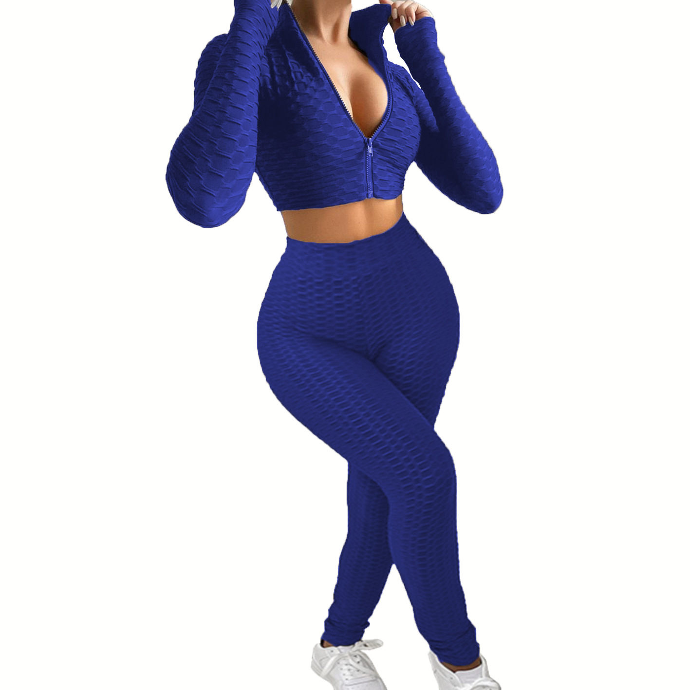 Women's Casual Solid Two-Piece Waffle Knit Tracksuit Set