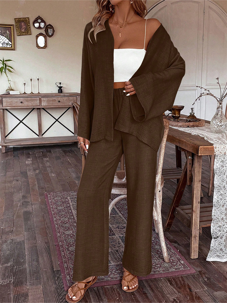 Women's Cotton-Linen Cardigan & Wide-Leg Pants Two-Piece Set
