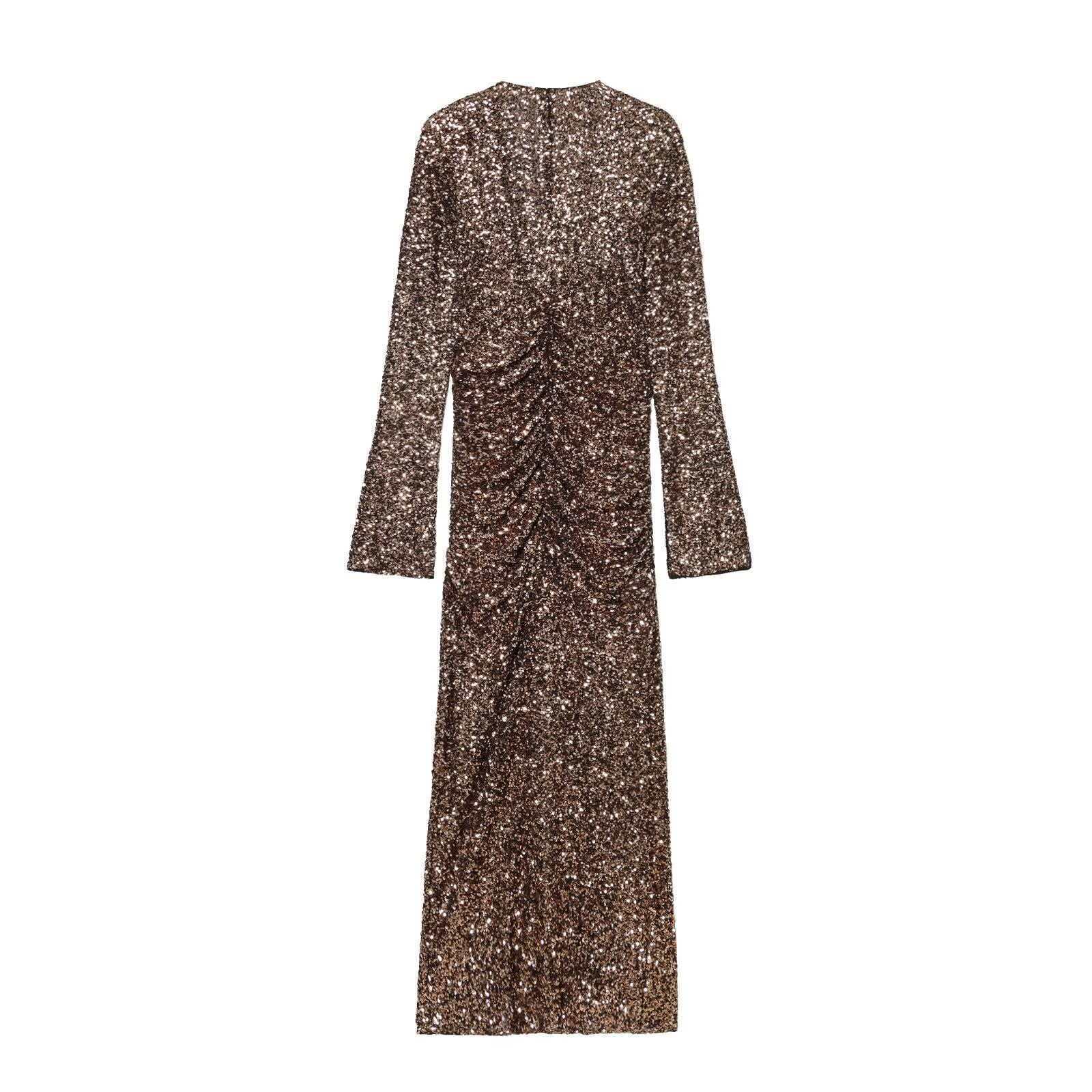 Women's Gold Sequin Deep V-Neck Long Sleeve Bodycon Dress