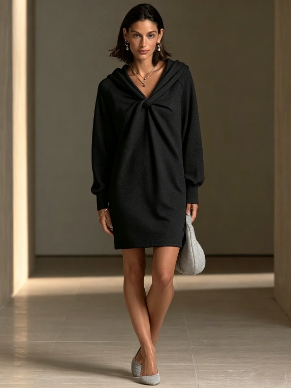 Women's Twist Front Loose Hooded Mini Dress
