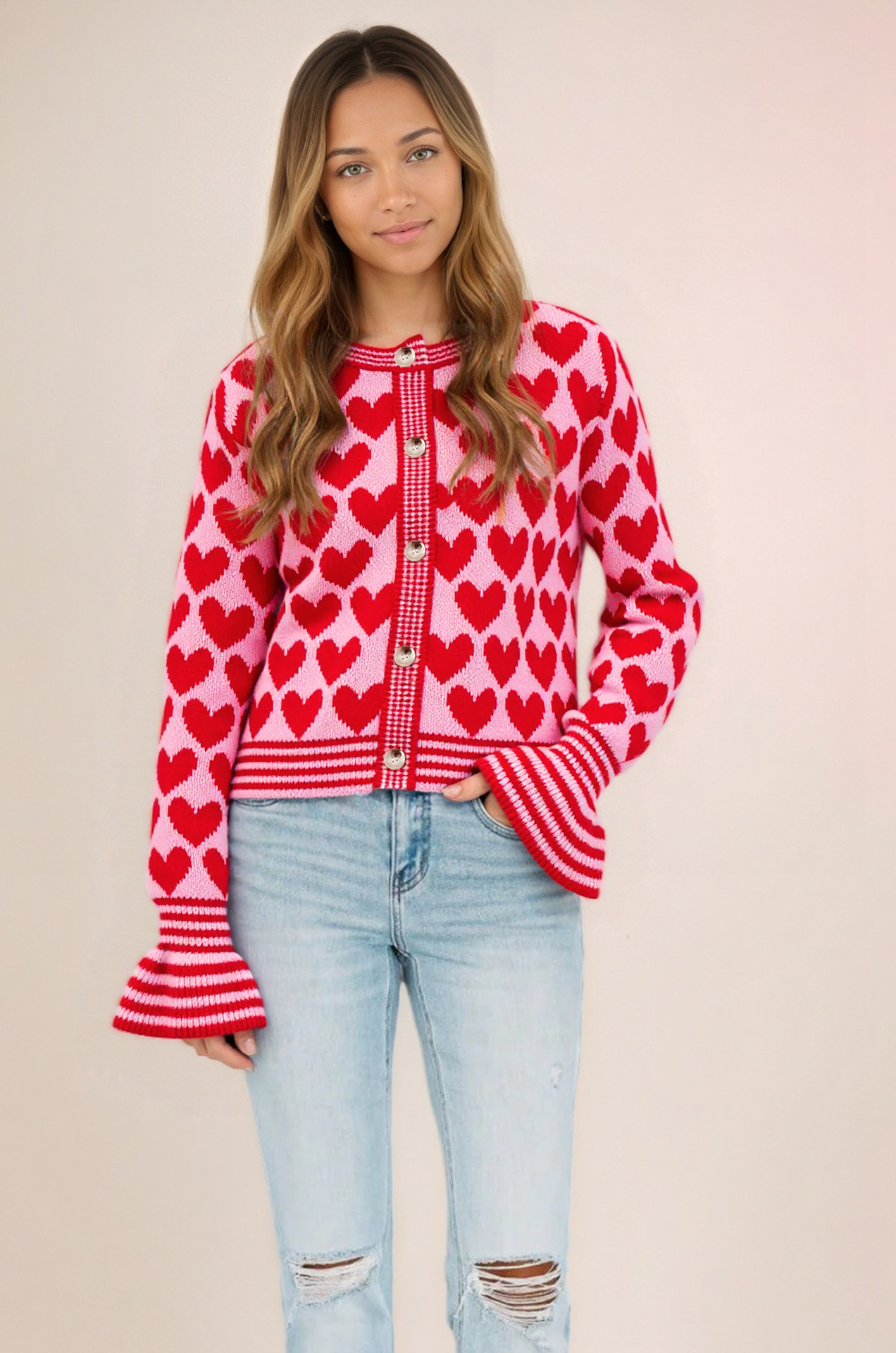 Heart Knit Cardigan Button-Up Flared Sleeve Sweater