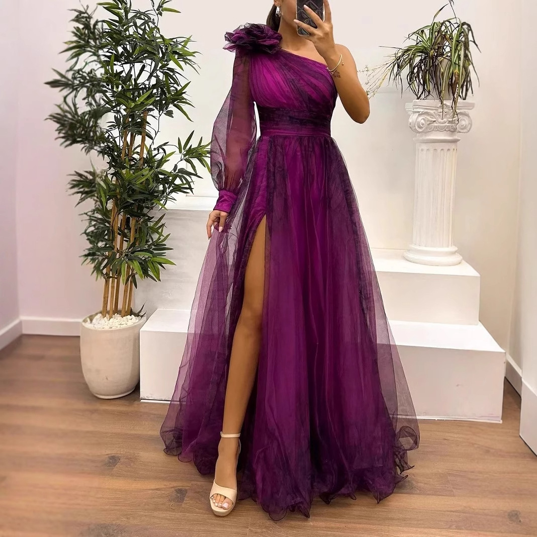 One-Shoulder Mesh Printed Maxi Dress