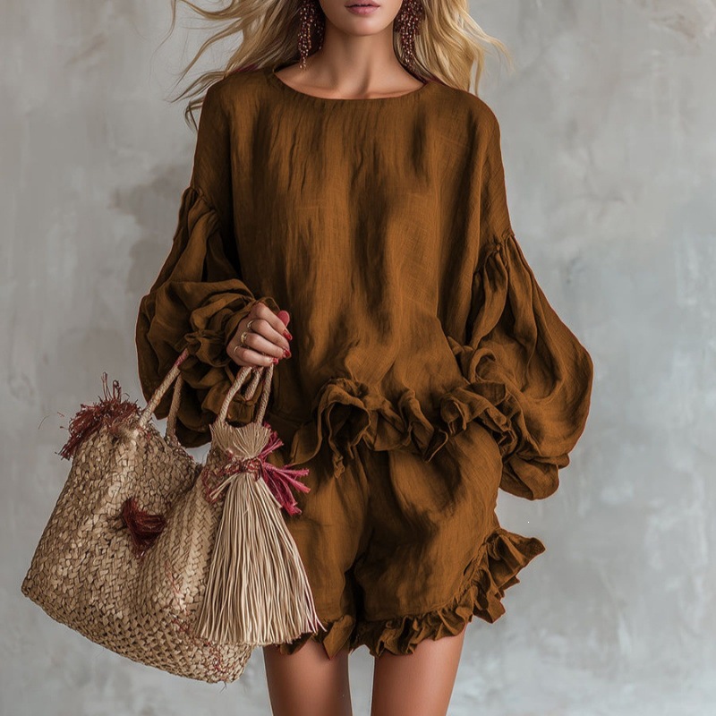 Women's Lantern Sleeve Ruffle Shorts Two-Piece Set