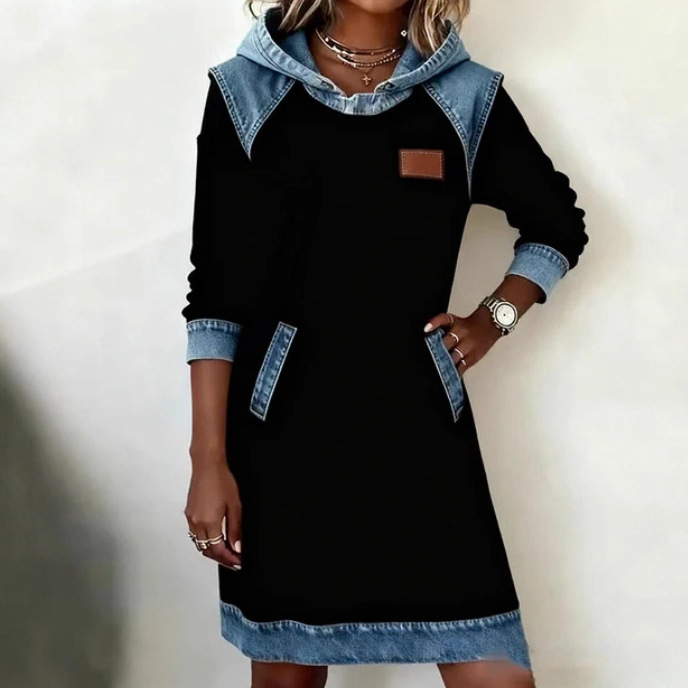 Hooded Faux Denim Patchwork Long Sleeve Sweatshirt Dress