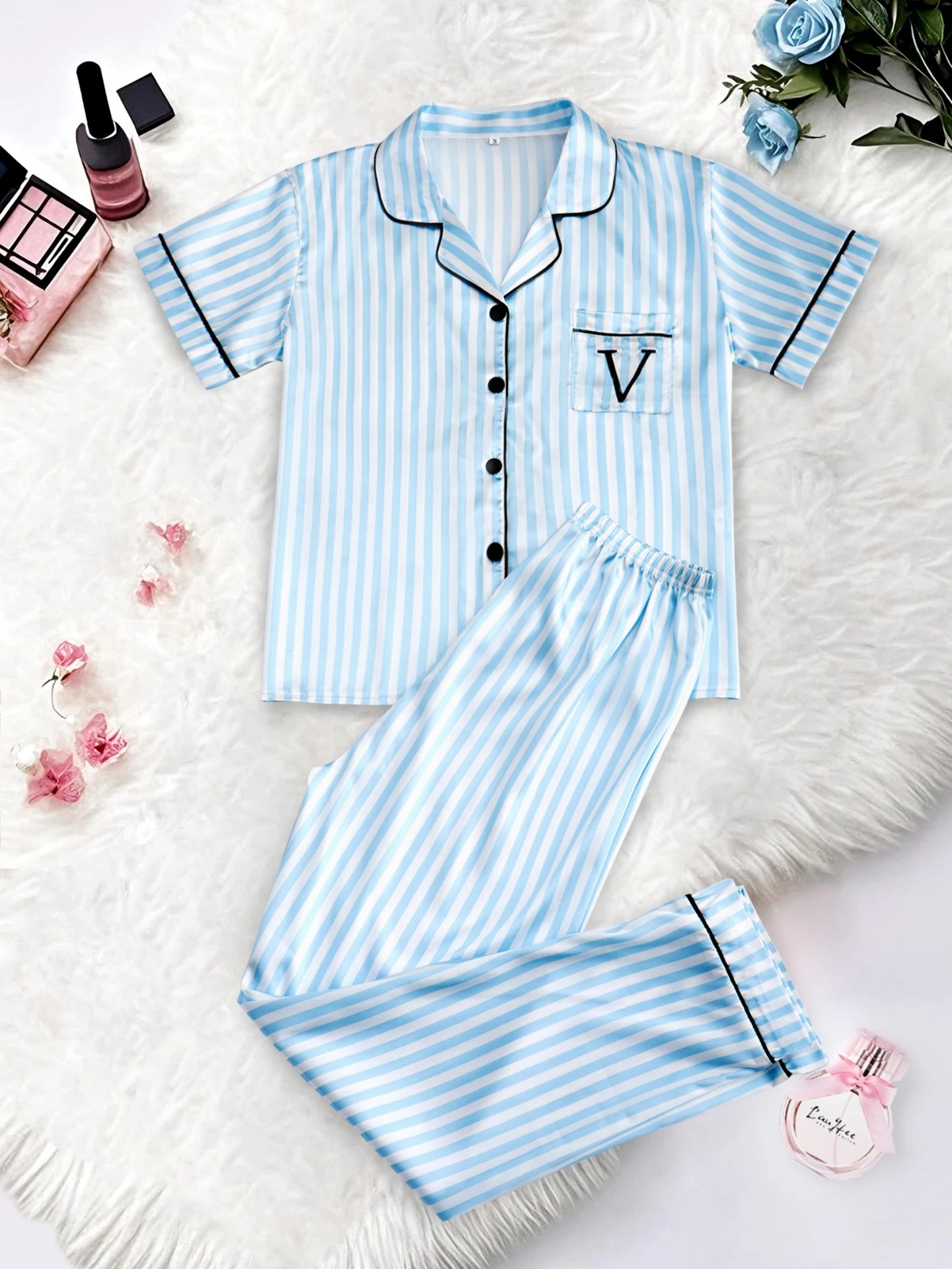 Women's Striped Cuban Collar Short Sleeve Shirt and Pants Set