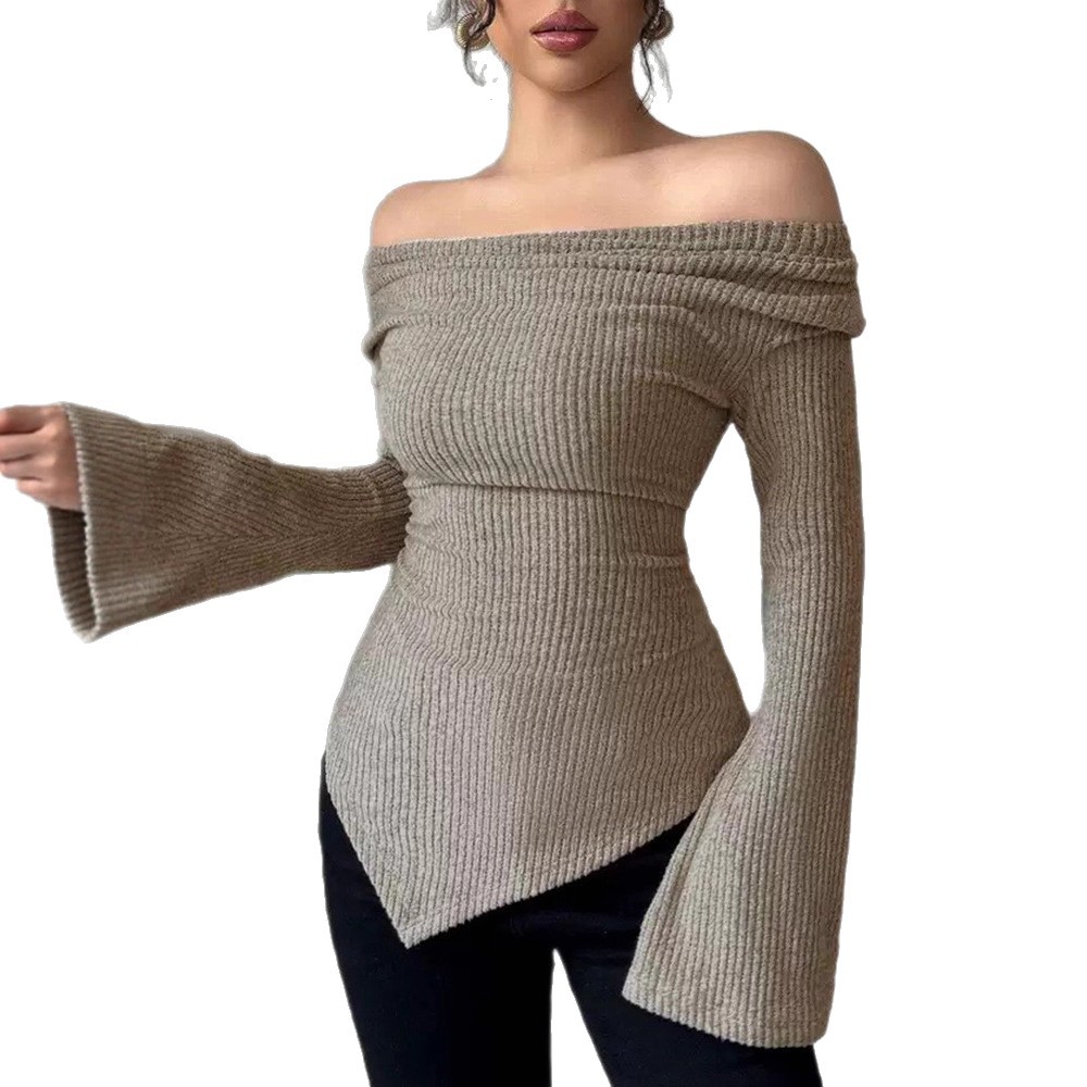 Ribbed Off-Shoulder Slim Fit Long Sleeve Knit Top