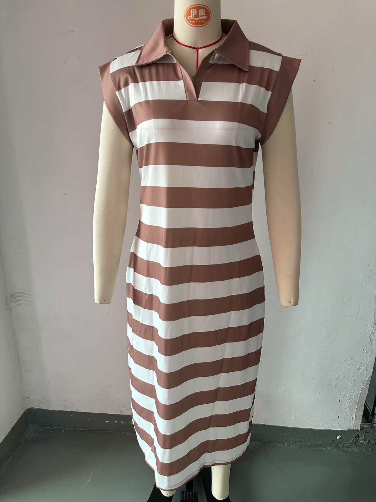 Striped Collared Long Dress with Pockets
