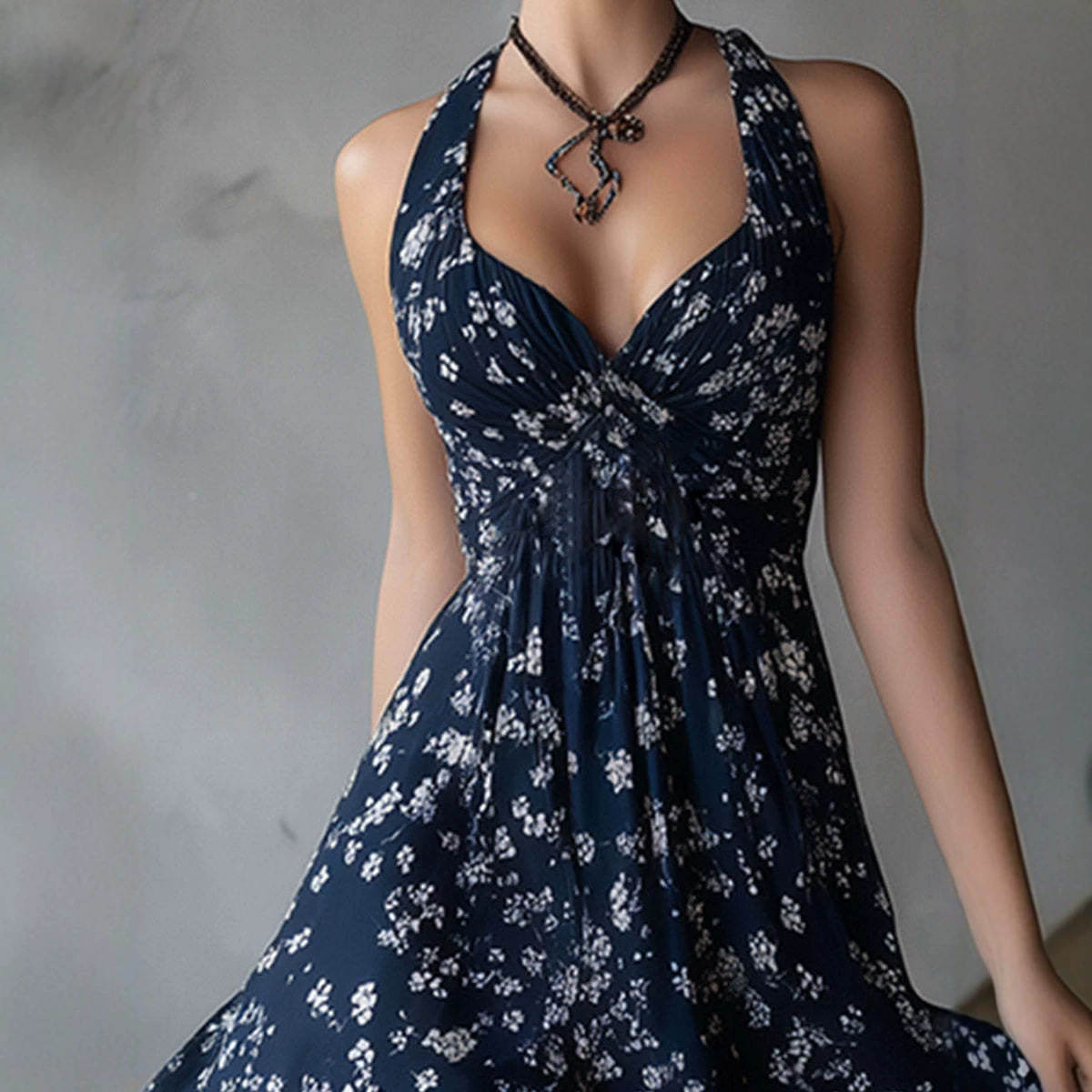 Women's Halter Floral Midi Dress V-Neck Waist-Cinching A-Line Vacation